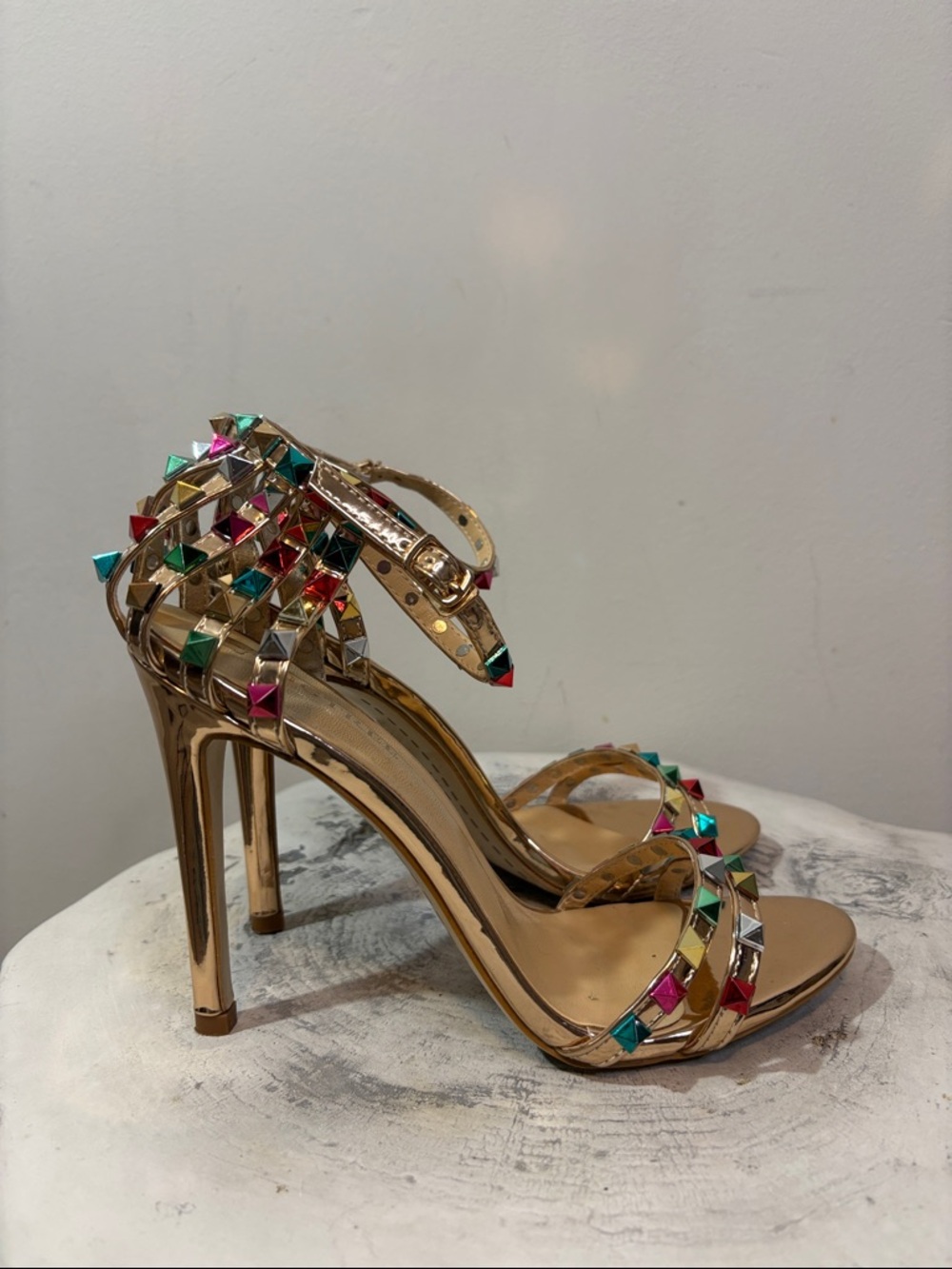 Rainbow Studded Shiny Patent Leather Metallic Rose Gold 4.5” Stiletto Heels 39